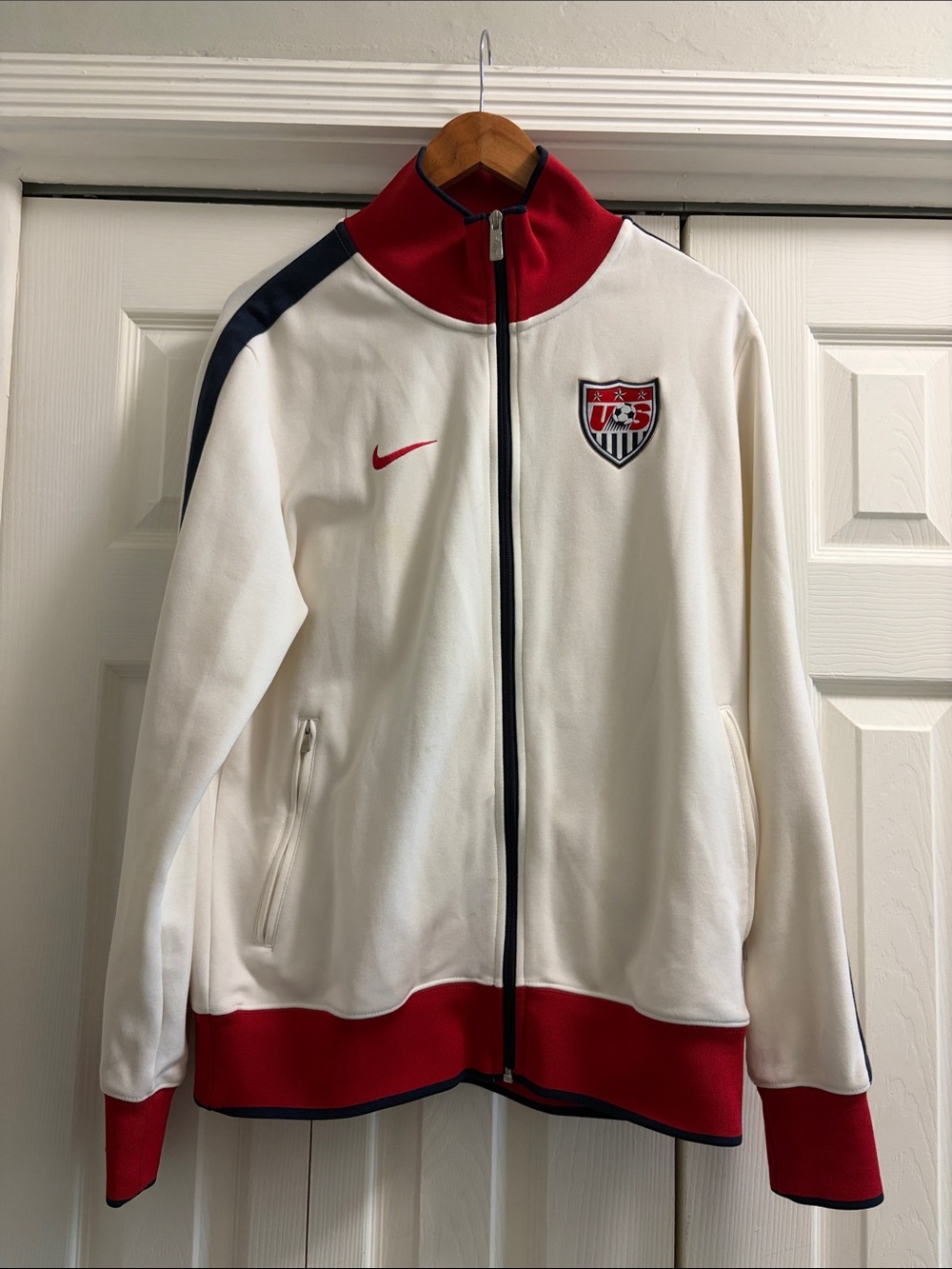 Nike USA Soccer Vintage Training Zipper Jacket - White w Navy Trim & Red Accent